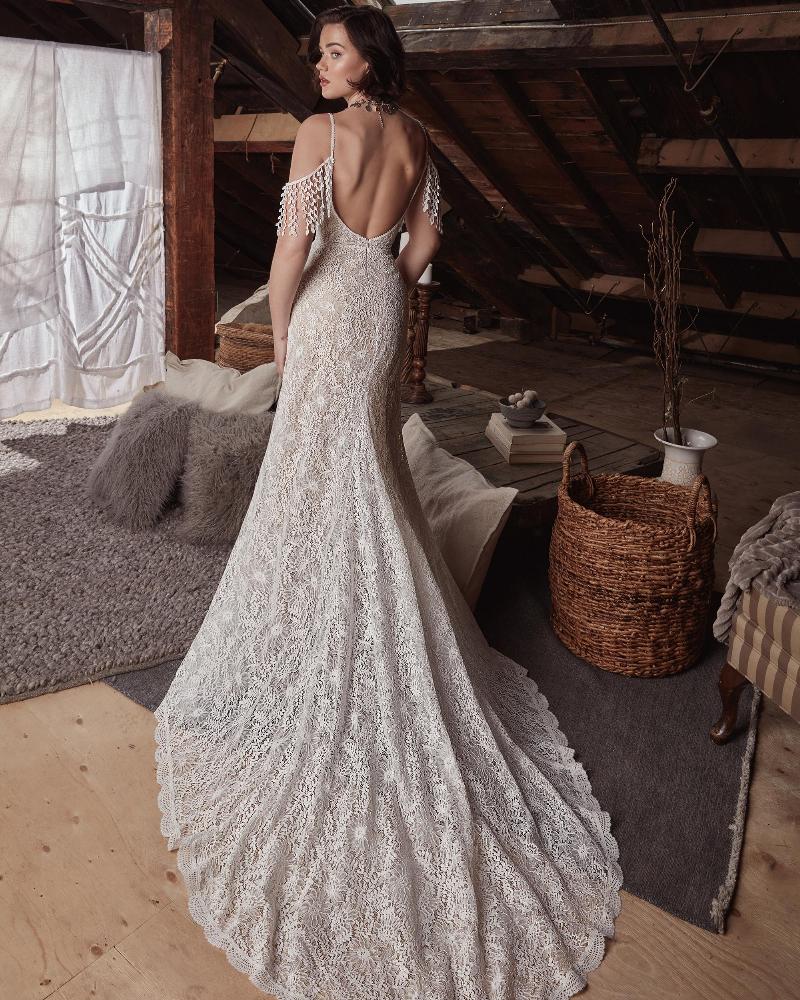 Lp2128 off the shoulder boho wedding dress with lace and spaghetti straps2